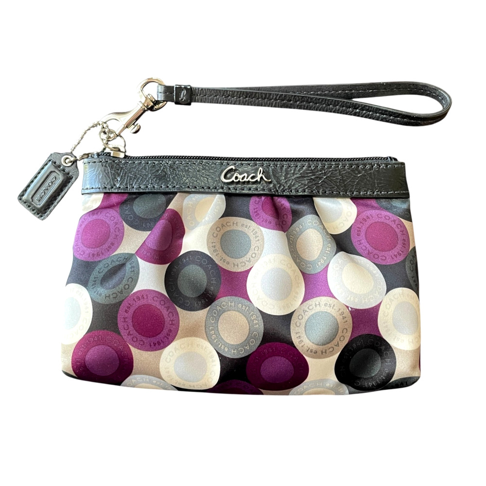 COACH Women's Signature Abstract Purple Sateen Black Leather Wristlet + Hang Tag